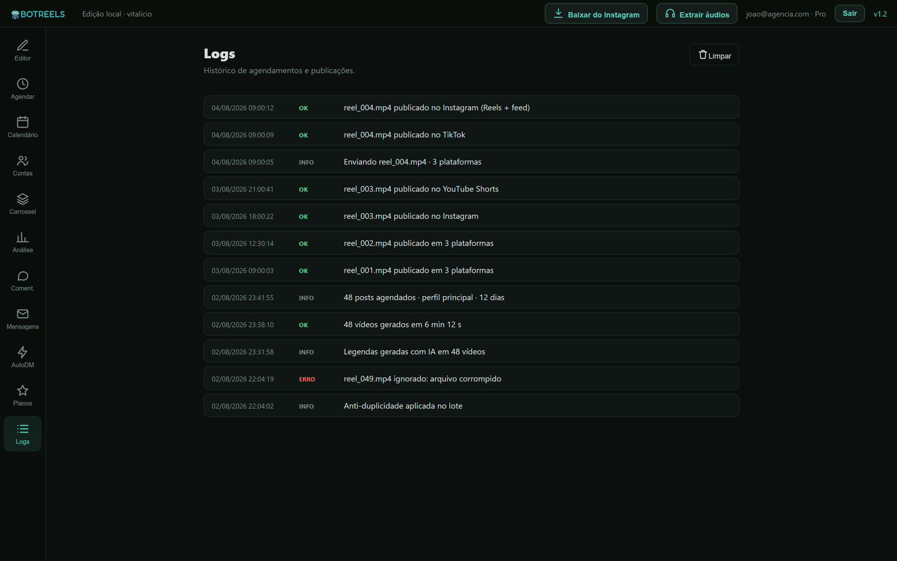 Tela de logs mostrando vídeos gerados e publicações concluídas
