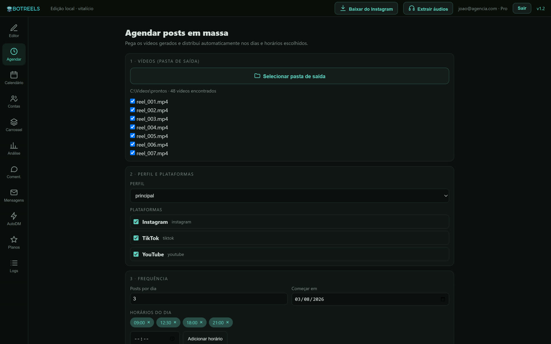 Tela de agendamento em massa com perfis, plataformas, horários e legenda
